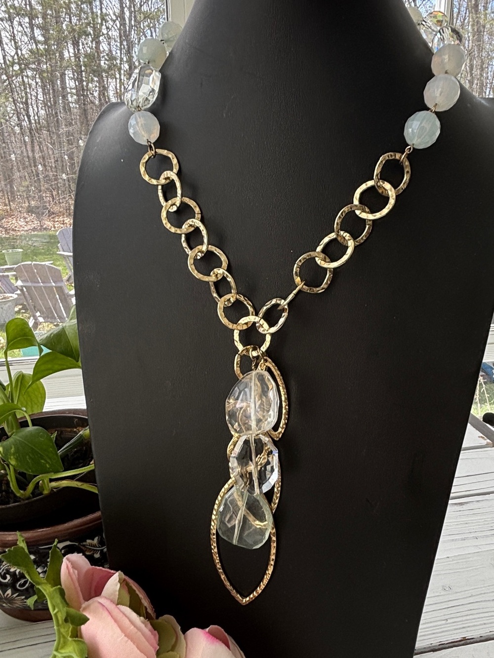 Graziano Gold Statement Necklace with Clear Crystal Pendants
